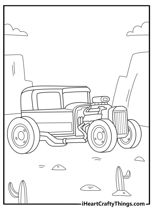 Hot Rod coupe in desert with cactus landscape printable sheet