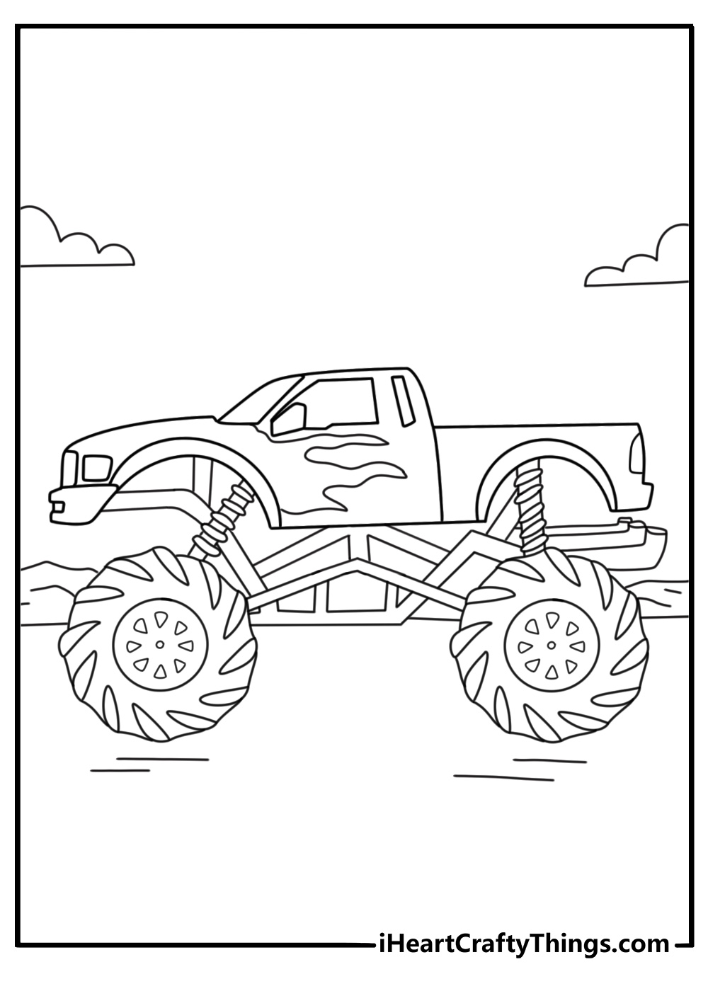 Hot Rod monster truck with lifted suspension coloring page