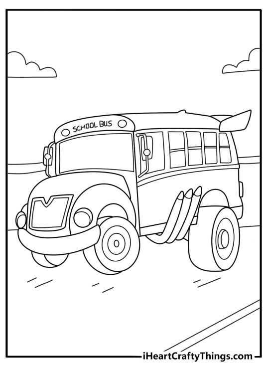 Hot Rod school bus with oversized tires fun printable sheet
