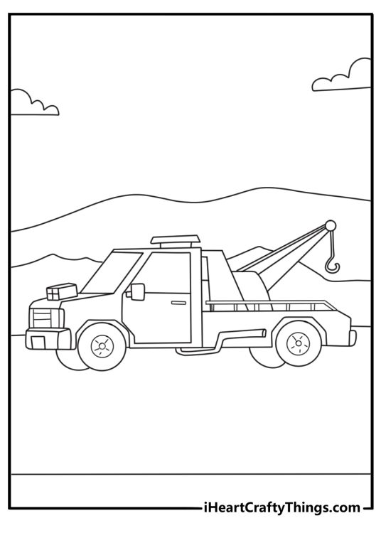 Hot Rod tow truck with hook and chain simple coloring sheet