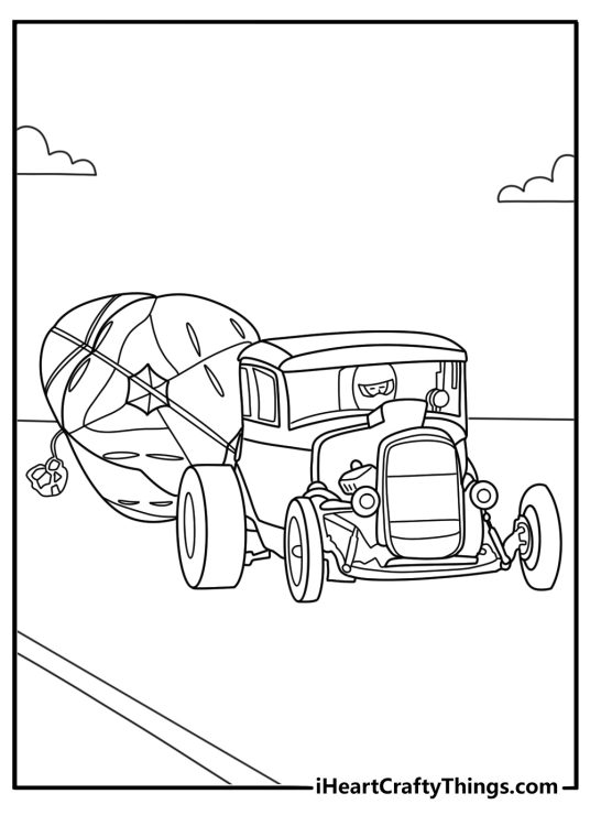 Hot Rod with parachute pack at rear drag race coloring sheet