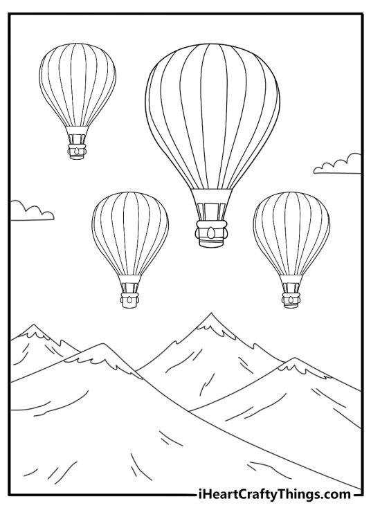 Hot air balloon over mountains coloring page printable for kids