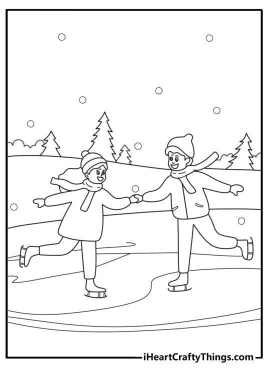 Ice skater performs spin on frozen pond February coloring sheet for kids and adults download