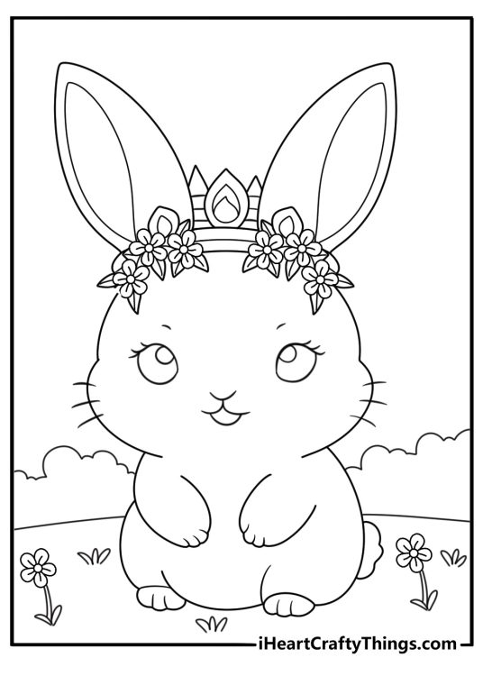 Image depicting rabbit with a little crown between her ears and a wreath of flowers around her head
