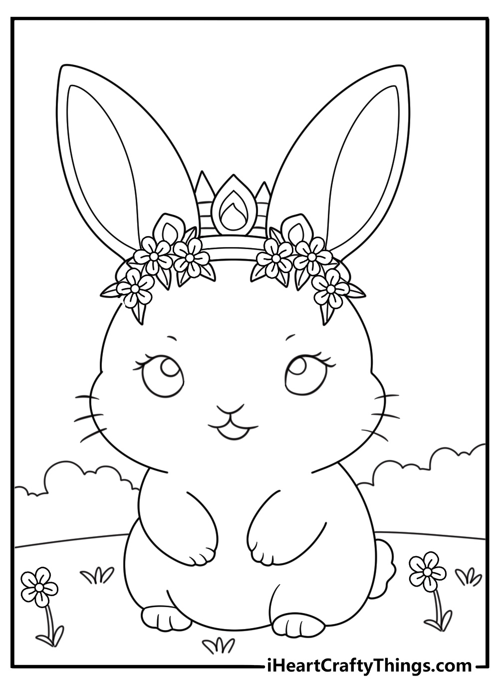 Image depicting rabbit with a little crown between her ears and a wreath of flowers around her head