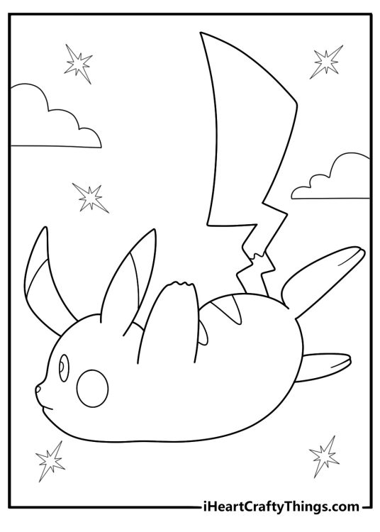 Image to print and color presenting happy Pikachu flying through the air with sparkles all around him