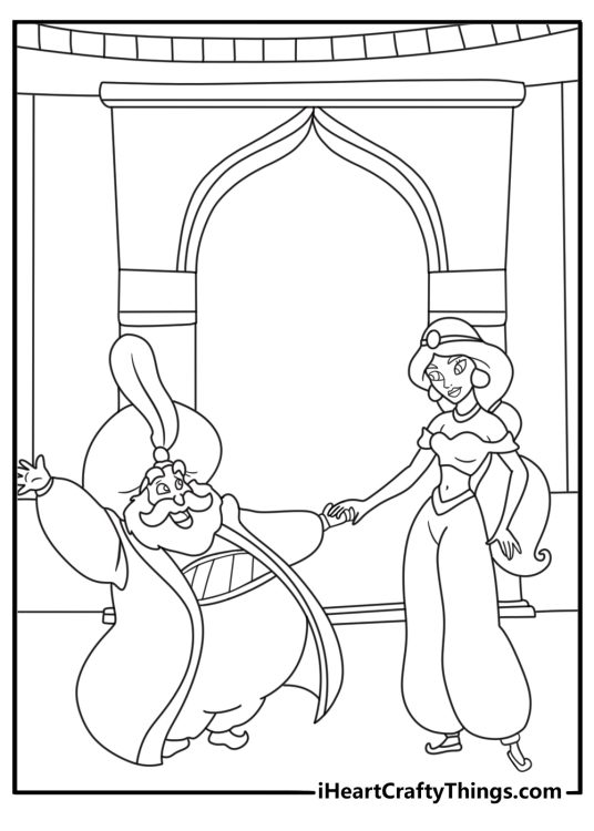 Jasmine and the Sultan talk inside the palace in this easy coloring sheet