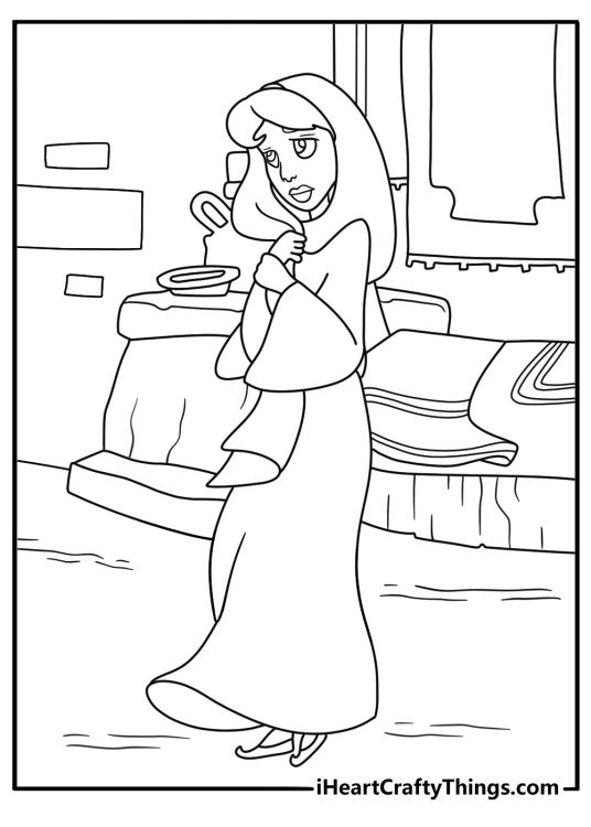 Jasmine coloring page showing the princess in a hooded cloak at the Agrabah market