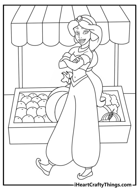 Jasmine coloring pages scene featuring the princess beside a basket of market fruit