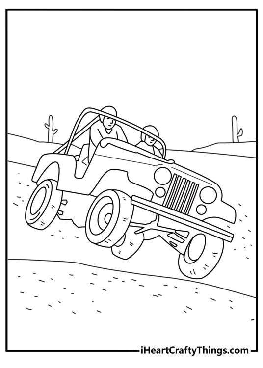 Jeep CJ coloring pages with a classic model driving across desert sand dunes