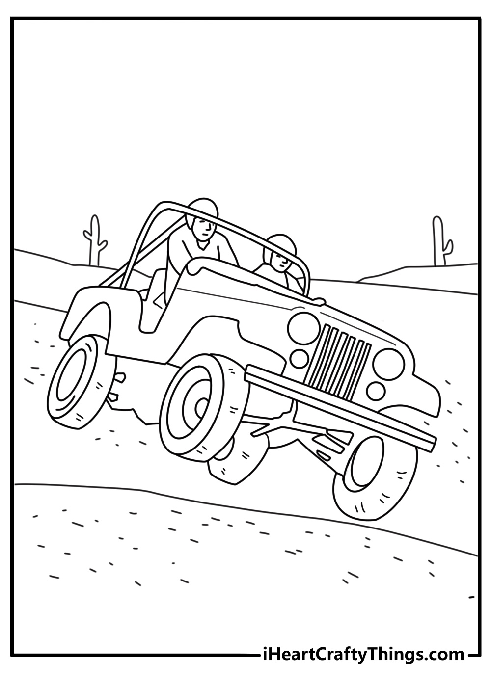 Jeep CJ coloring pages with a classic model driving across desert sand dunes