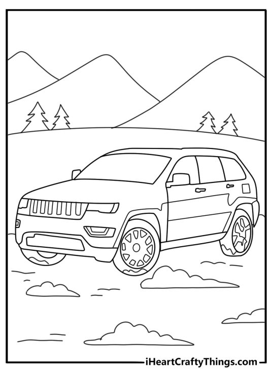 Jeep Cherokee coloring page with an SUV driving through mountain snow