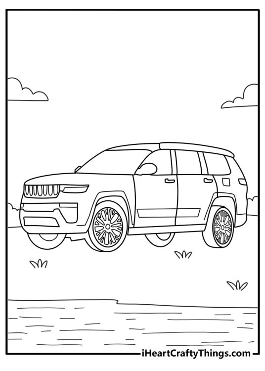 Jeep Grand Cherokee coloring page with a family SUV parked near a lake