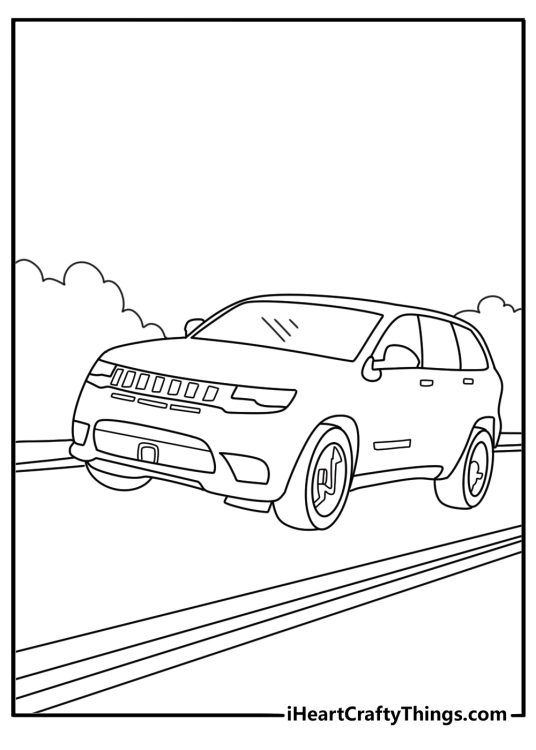 Jeep Trackhawk coloring pages with a fast SUV speeding along an open highway