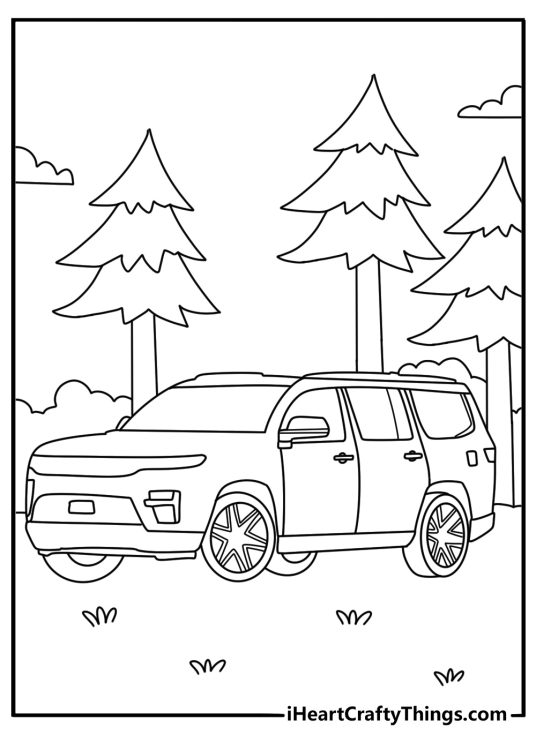 Jeep Wagoneer coloring page with a full size SUV beside tall pine trees