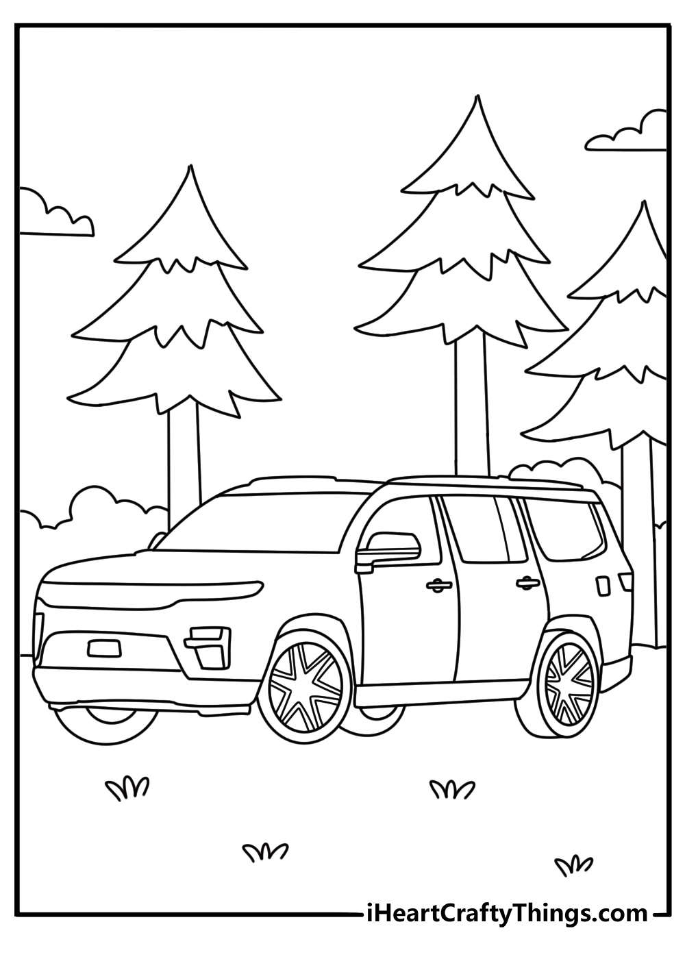 Jeep Wagoneer coloring page with a full size SUV beside tall pine trees