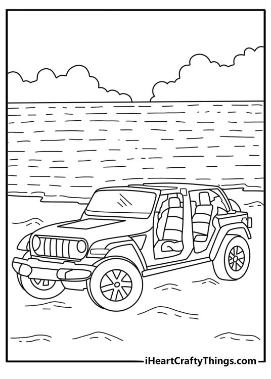Jeep Wrangler coloring page with removable doors parked at a beach