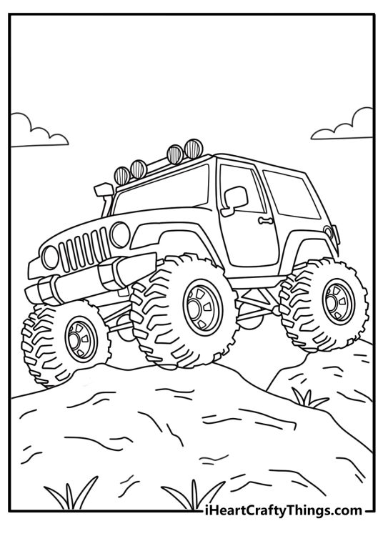 Jeep coloring page free with a Wrangler climbing over large rocks on a trail