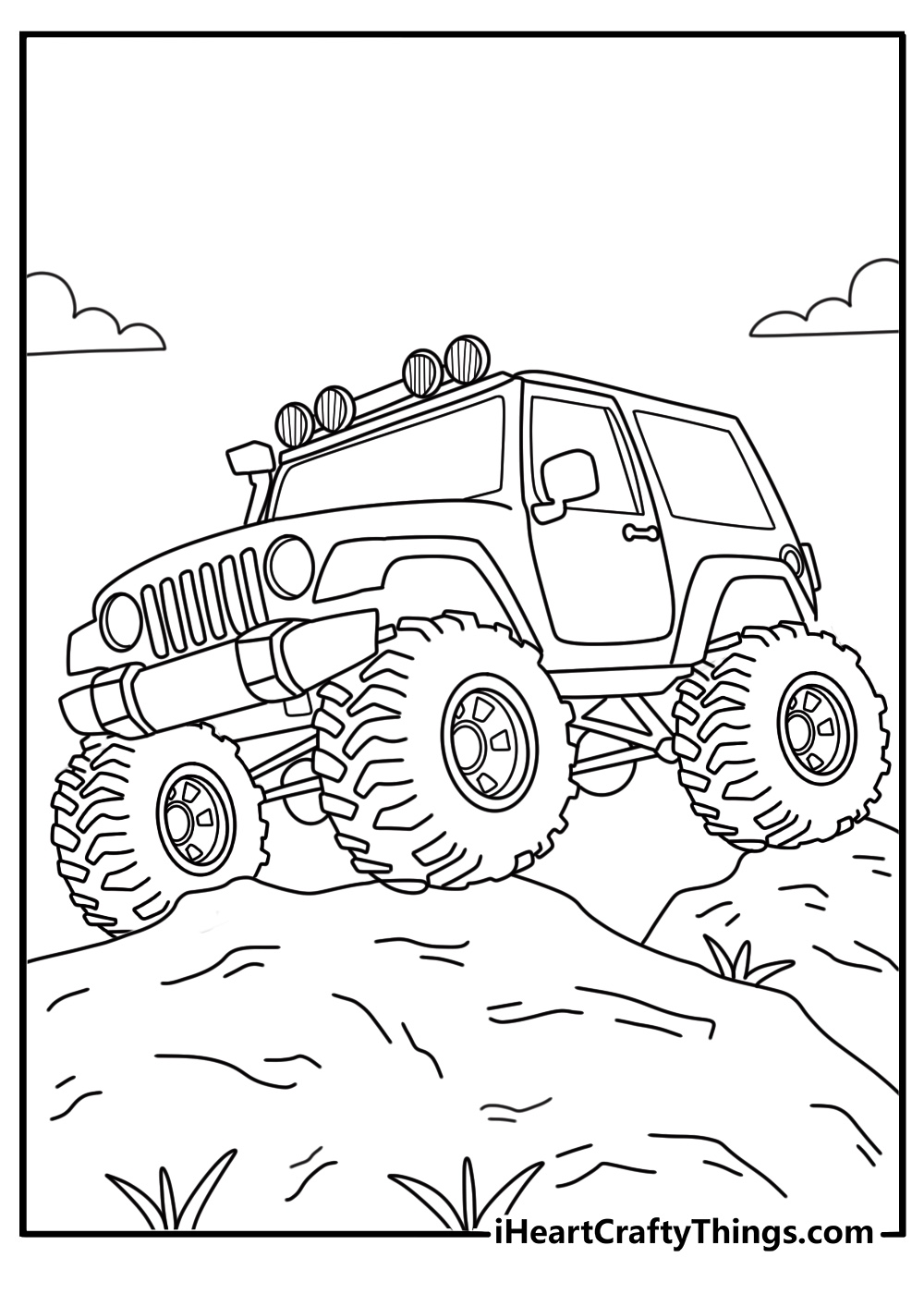 Jeep coloring page free with a Wrangler climbing over large rocks on a trail