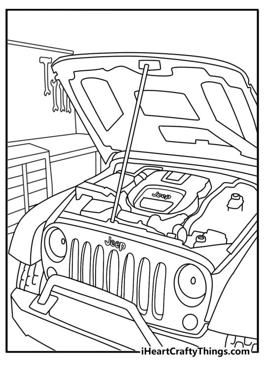 Jeep coloring pages for adults with a detailed engine and open hood in a garage
