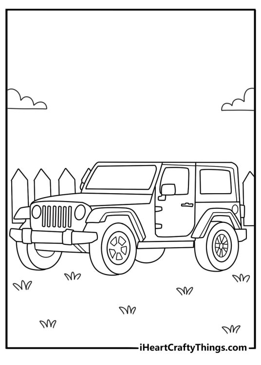 Jeep coloring pages for kids with a simple Jeep parked beside a wooden fence