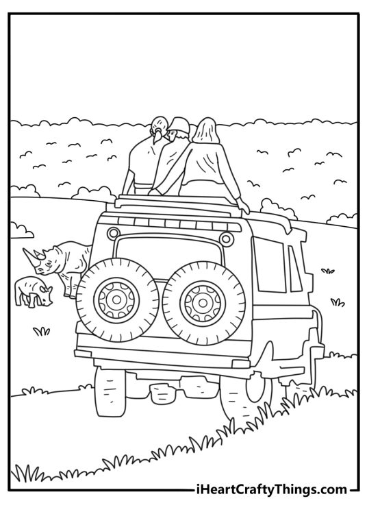Jeep coloring pages pdf with a safari Jeep driving past wild animals on open grassland