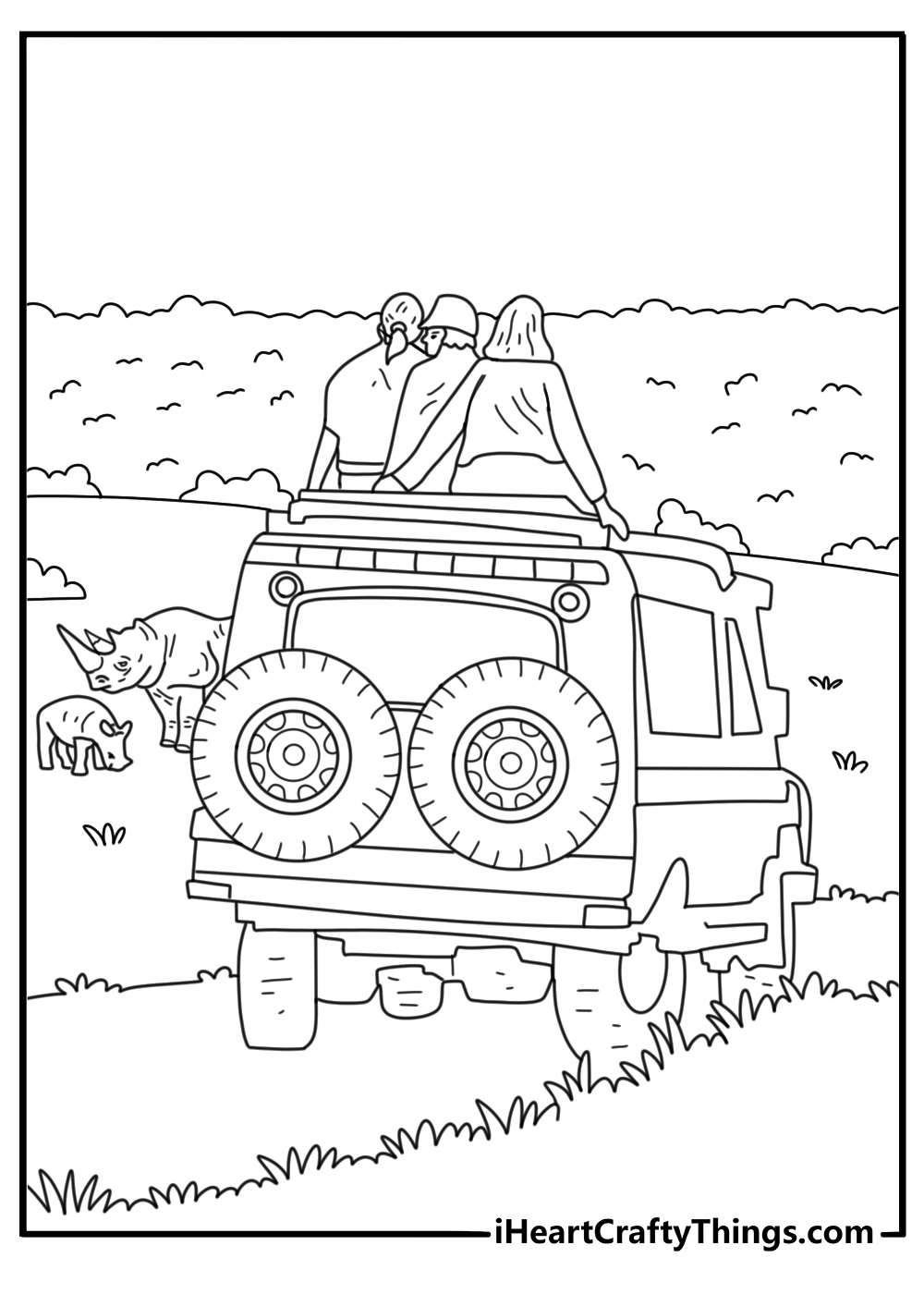 Jeep coloring pages pdf with a safari Jeep driving past wild animals on open grassland