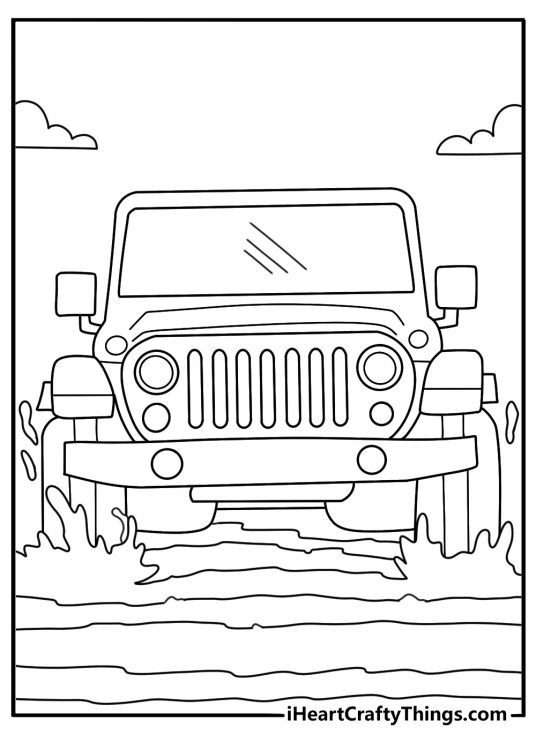 Jeep coloring pages printable with a lifted Wrangler splashing through shallow water