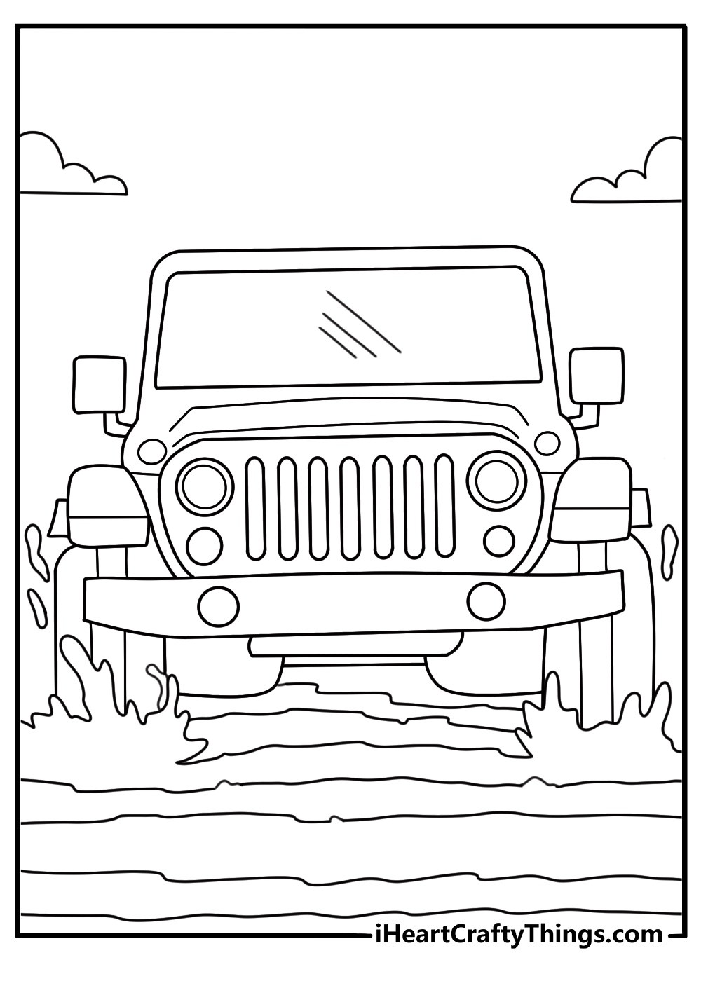 Jeep coloring pages printable with a lifted Wrangler splashing through shallow water