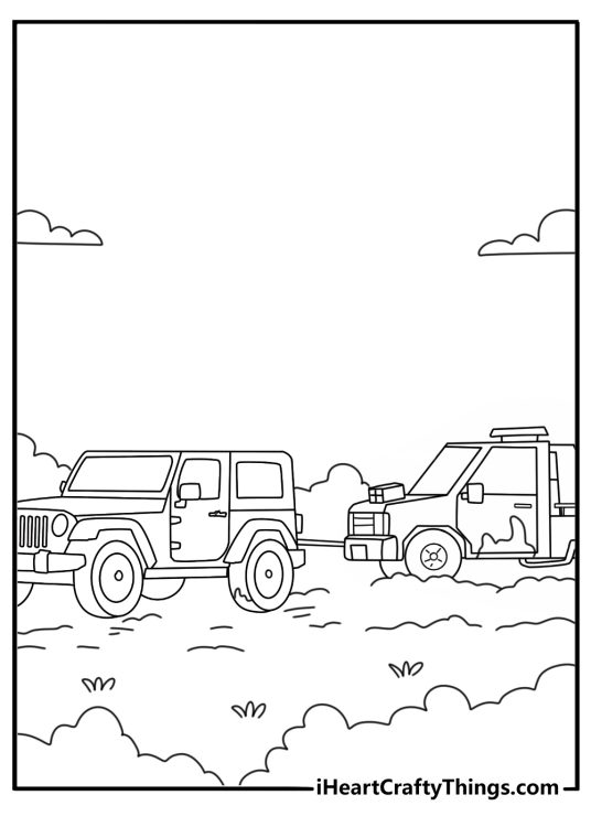 Jeep coloring pages to print free with an off road vehicle towing another truck from mud