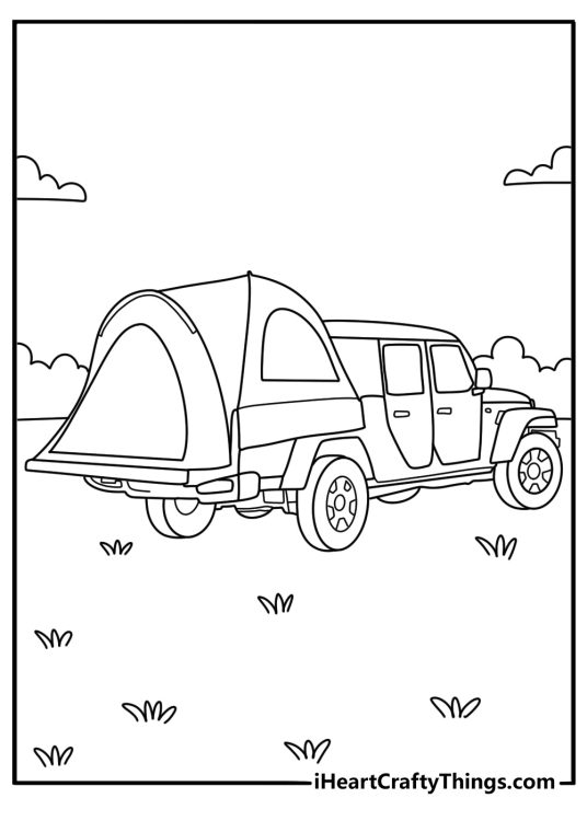 Jeep truck coloring page with a Gladiator carrying camping gear in the bed
