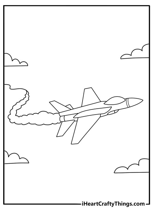 Jet plane coloring page with a fighter aircraft leaving a long vapor trail