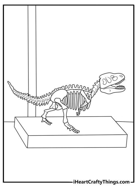 Jurassic World coloring page showing dinosaur skeleton fossil in museum hall