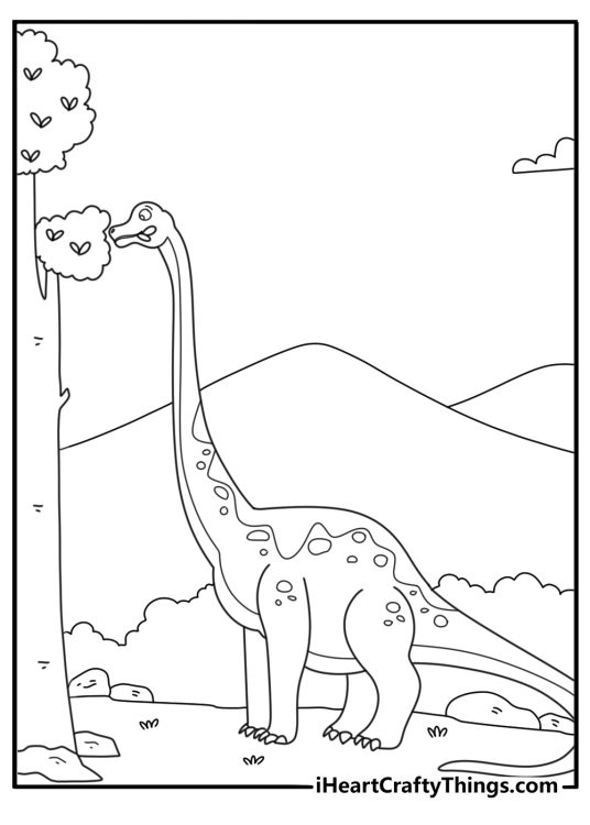 Jurassic World coloring page with brachiosaurus reaching high tree leaves simple printable for kids