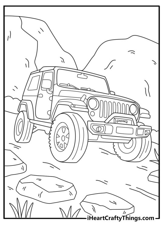 Jurassic World coloring page with park ranger jeep driving on dirt road