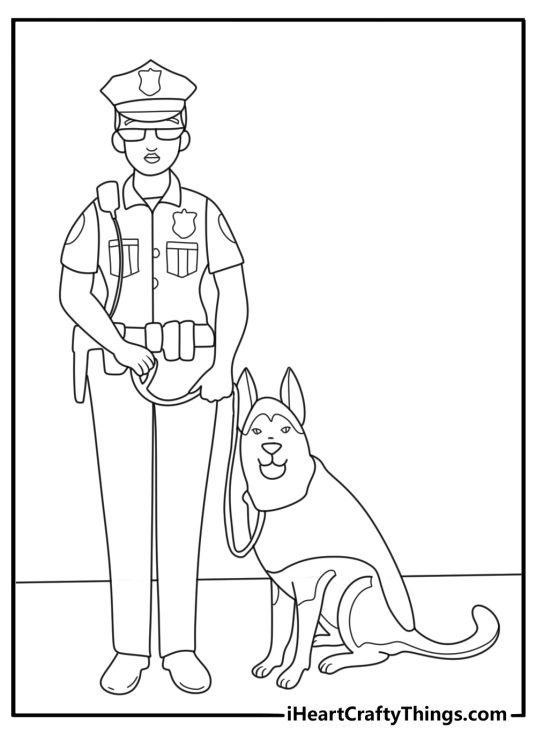 K9 police dog sitting beside handler printable coloring sheet