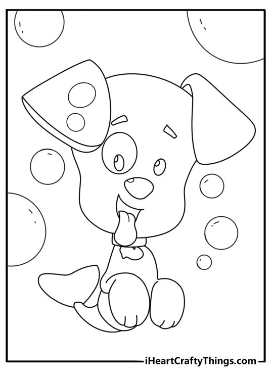 Kawaii Bubble Guppies coloring page with Bubble Puppy chasing fish bubbles