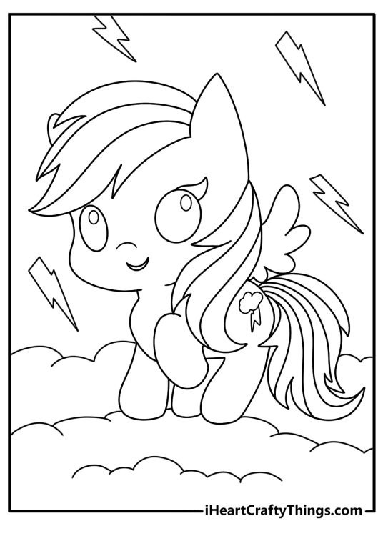 Kawaii Rainbow Dash printable with small rain clouds and lightning bolts