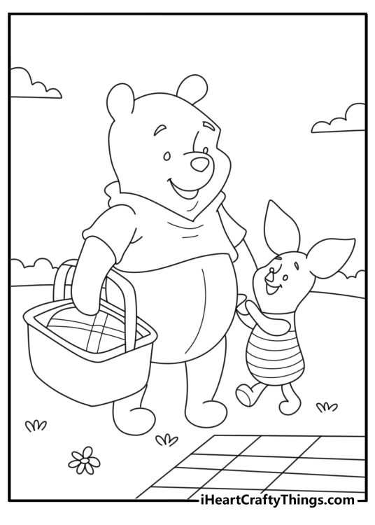 Kawaii Winnie the Pooh sharing picnic blanket with Piglet simple