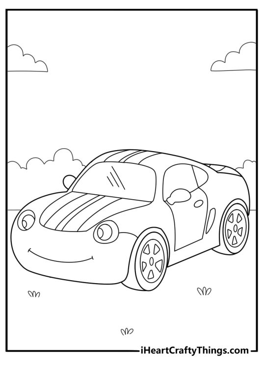 Kawaii cartoon race car with big eyes cute coloring page for toddlers to print
