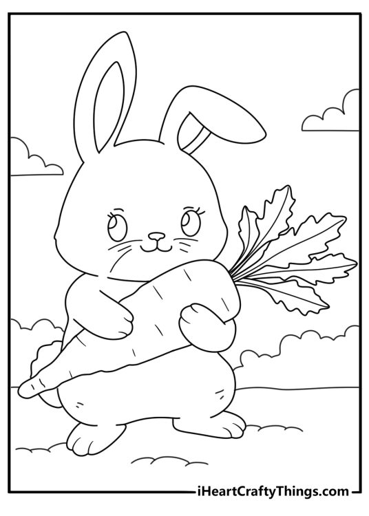 Kawaii chubby rabbit holding a radish cute coloring printable
