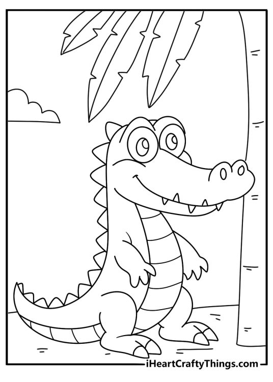 Kawaii crocodile coloring page with a tiny reptile under a palm tree