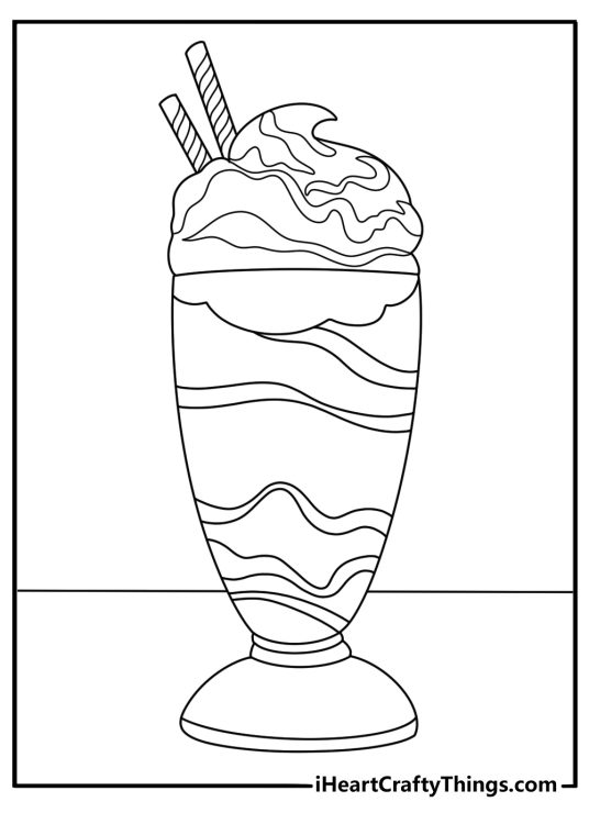 Kawaii dessert food coloring pages with milkshake in tall glass and straw