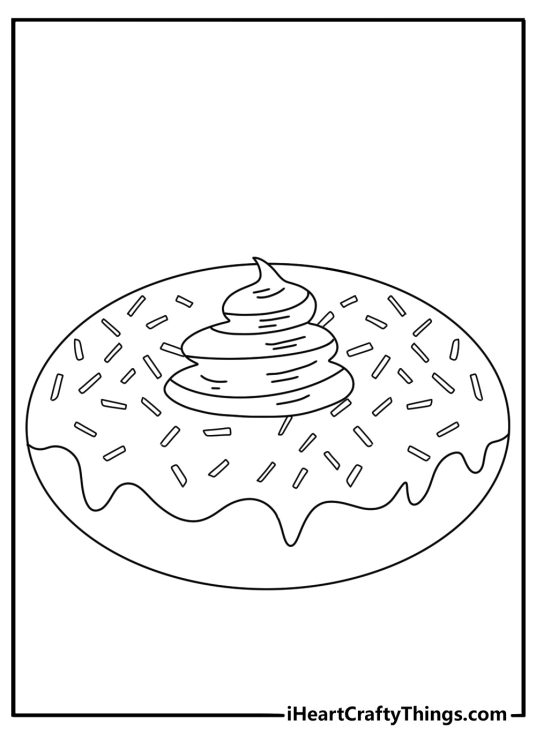 Kawaii donut coloring page with a happy donut resting on a pillow of whipped cream