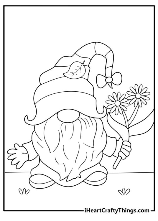 Kawaii garden gnome holding a daisy coloring sheet for kids