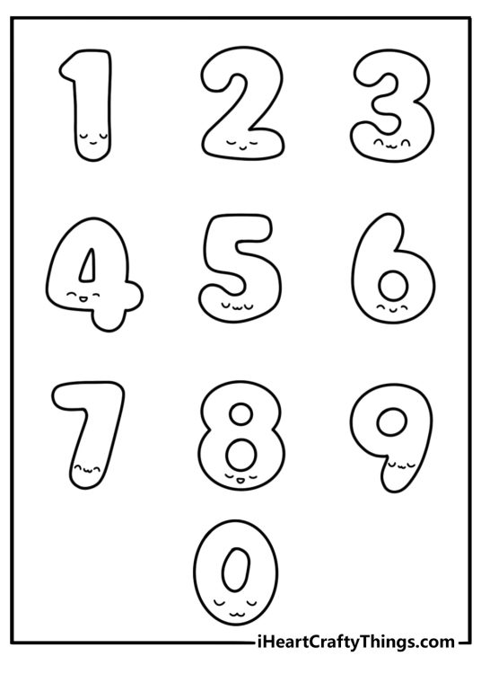 Kawaii numbers coloring page with cute chibi style digits 0 to 9 for kids printable