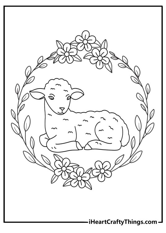 Kawaii sheep coloring page with a fluffy lamb inside a flower wreath