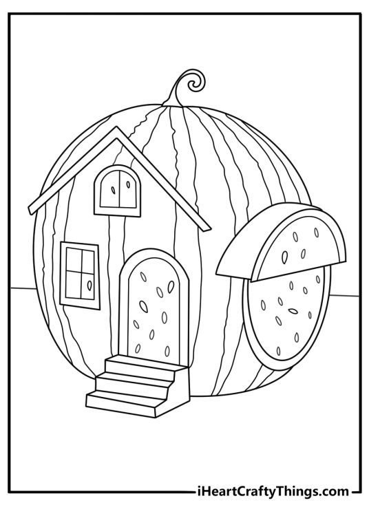 Kawaii watermelon coloring pages with a tiny fruit house and a little door