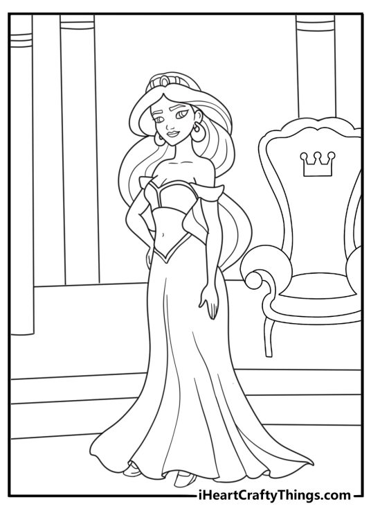 Kids can color Jasmine walking through the royal throne room