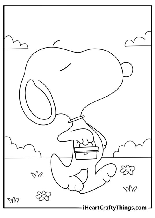 Kids can color Snoopy carrying a lunch box to school